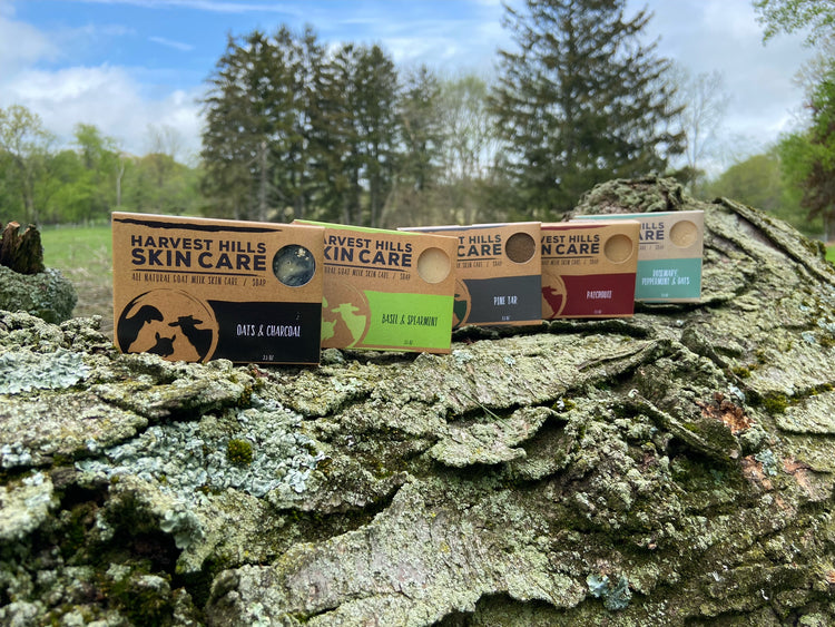 goat milk soap, peppermint and oats, patchouli, pine tar