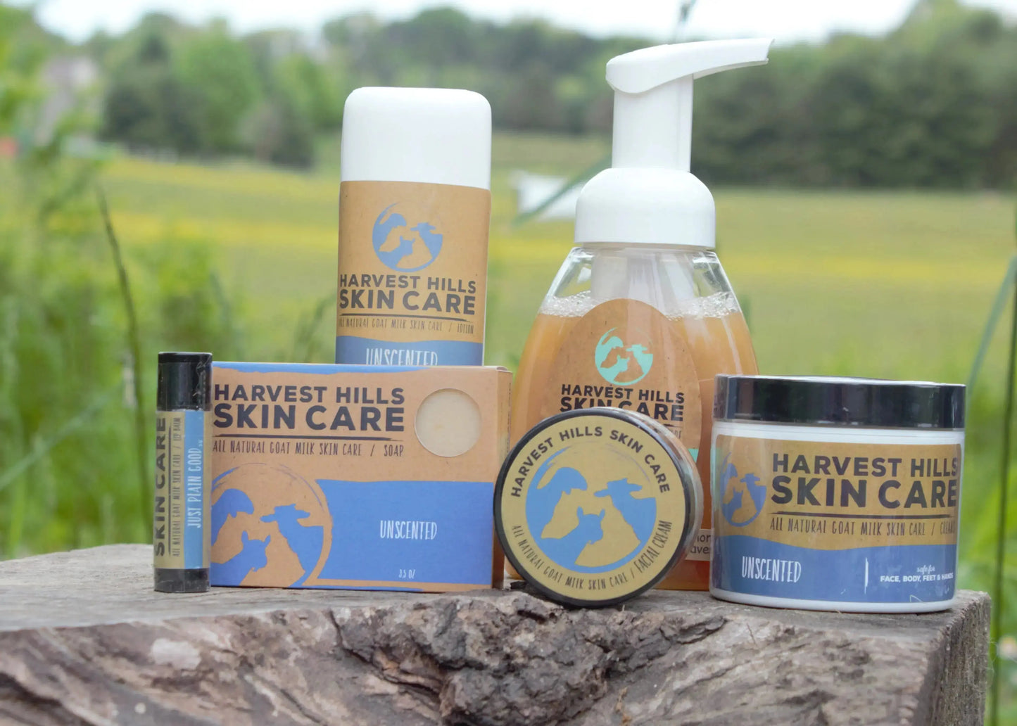 Unscented goat milk skin care, soap, face cream, moisturizer, lotion, lip balm, liquid hand soap,