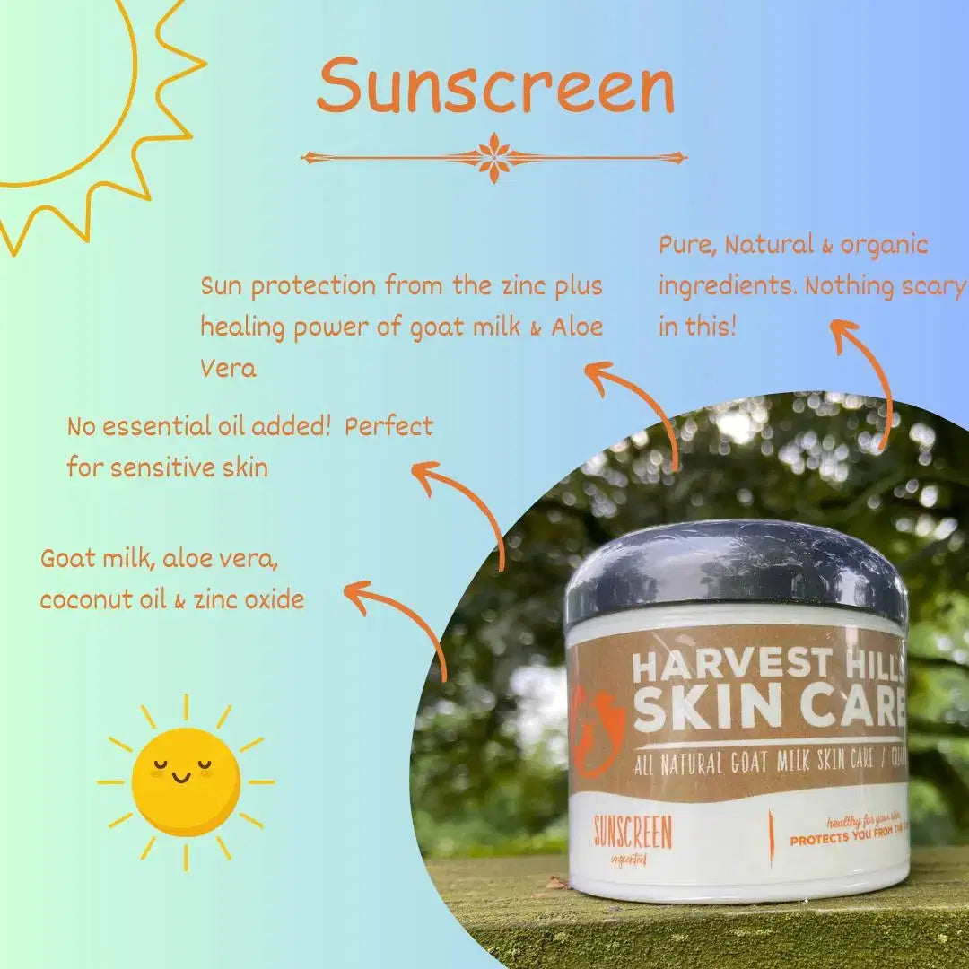 Sunscreen - all natural- also great for rashes, poison ivy Harvest Hills Skin Care All Natural Goat Milk Skin Care