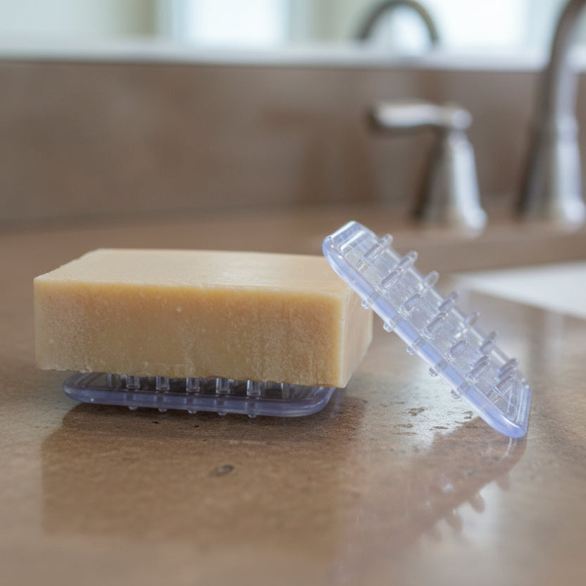 Bar of soap on a clear soap holder with a blurred kitchen sink background