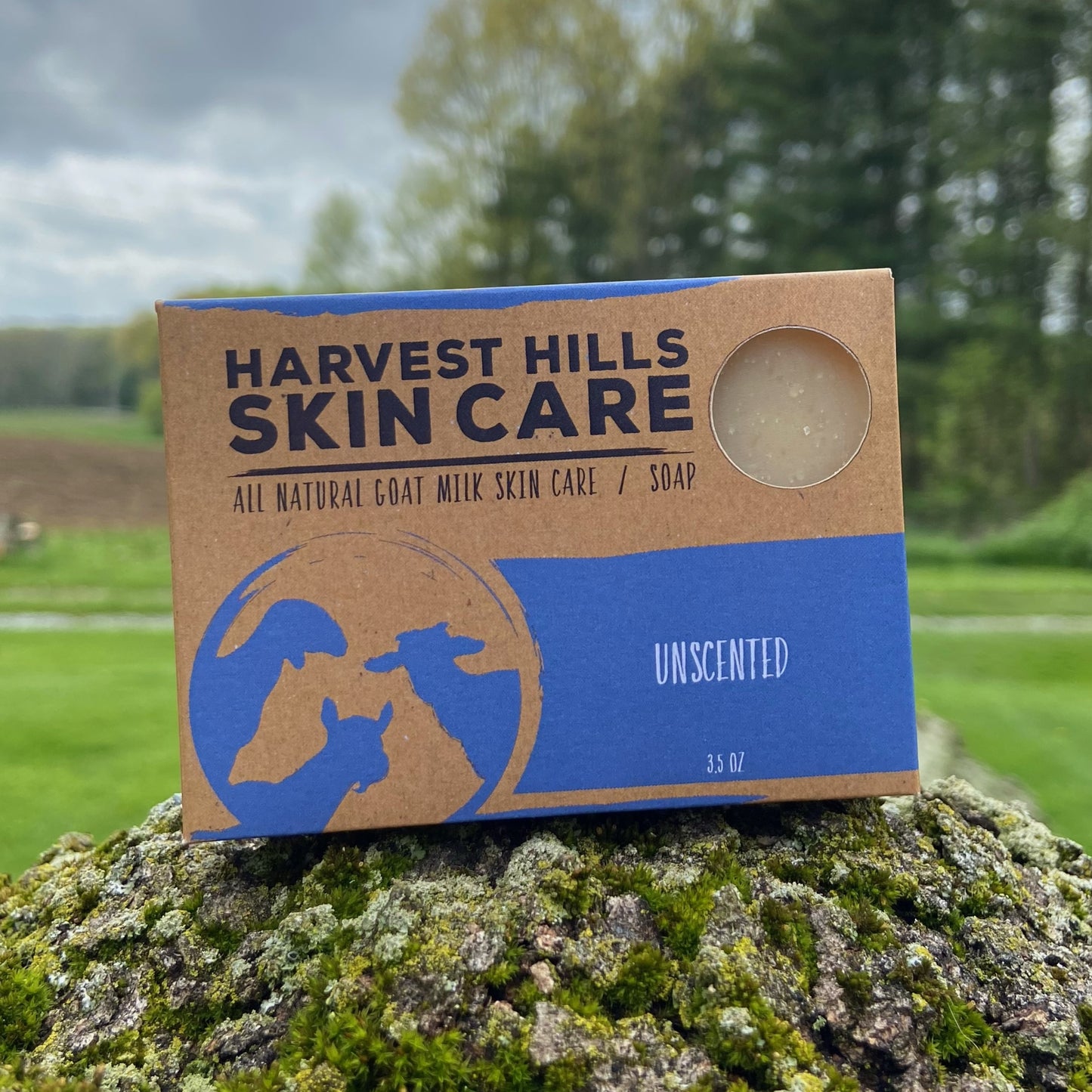 Harvest Hills Skin Care unscented goat milk soap bar on a rock with a natural background