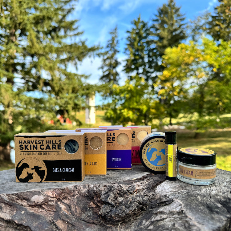 goat milk skin care for facial care, charcoal and oats, honey and oats, lavender, zinc, facial cream, lip balm, eye cream