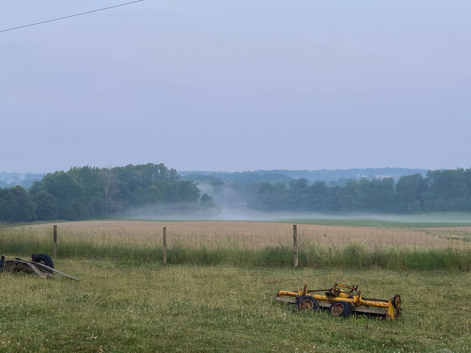 Layout of a farm with fog in the background