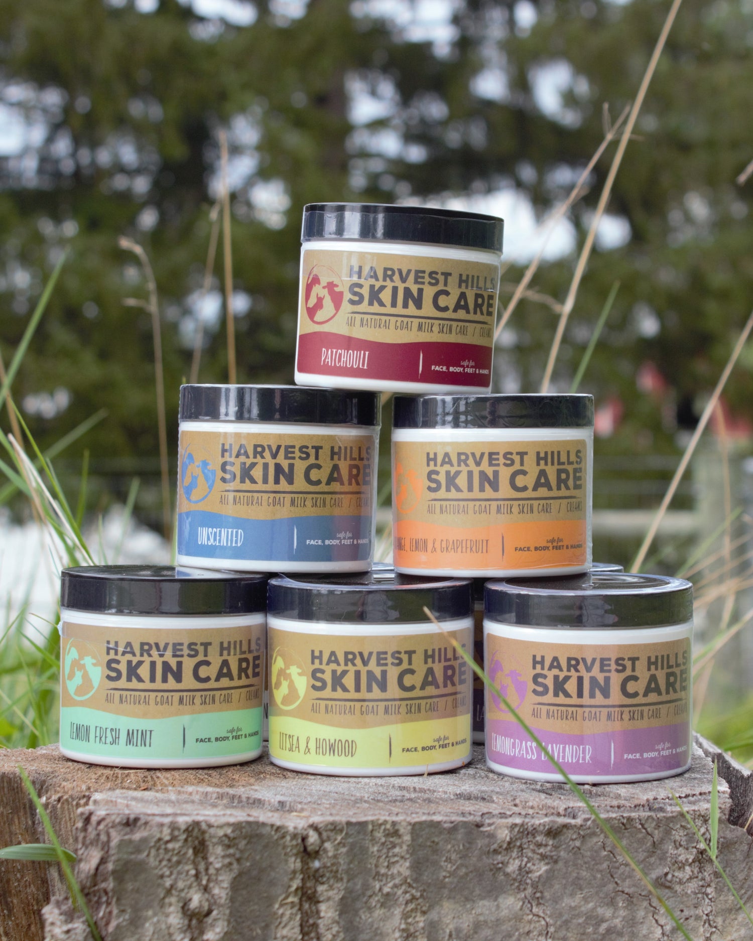 Jars of goat milk moisturizers, patchouli, unscented, lemongrass lavender