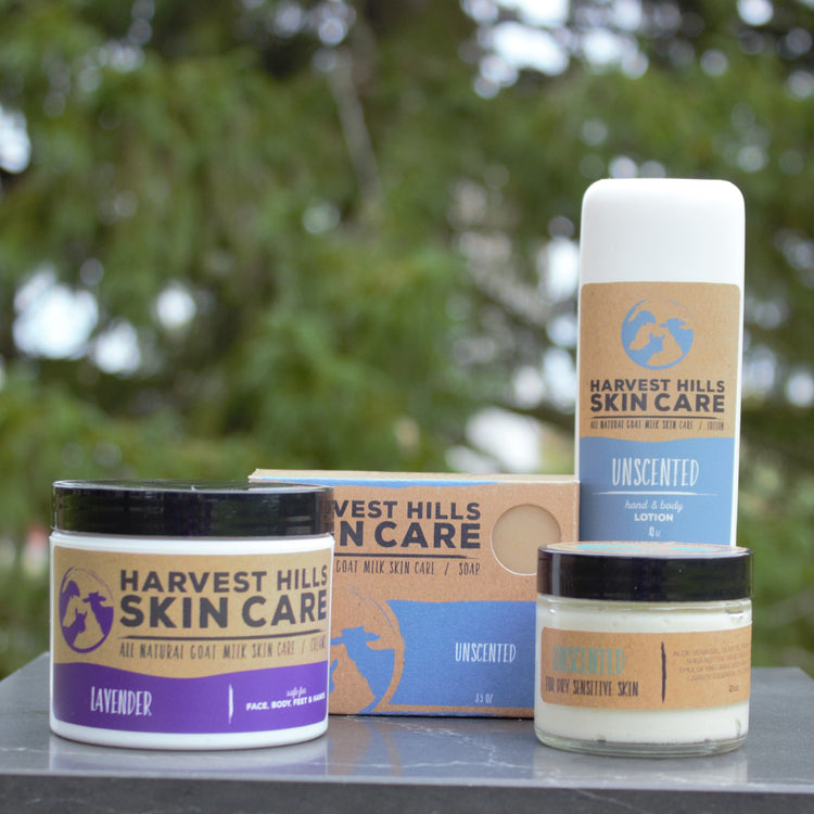 lavender goat milk moisturizer, unscented goat milk soap, lotion and face cream.  All natural Harvest Hills Skin Care