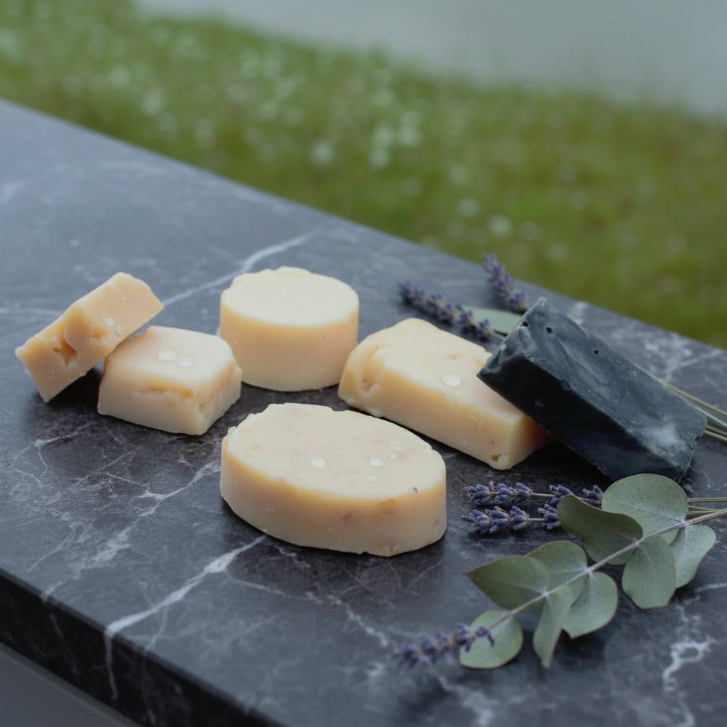 small bars of soap arranged on a marble stone
