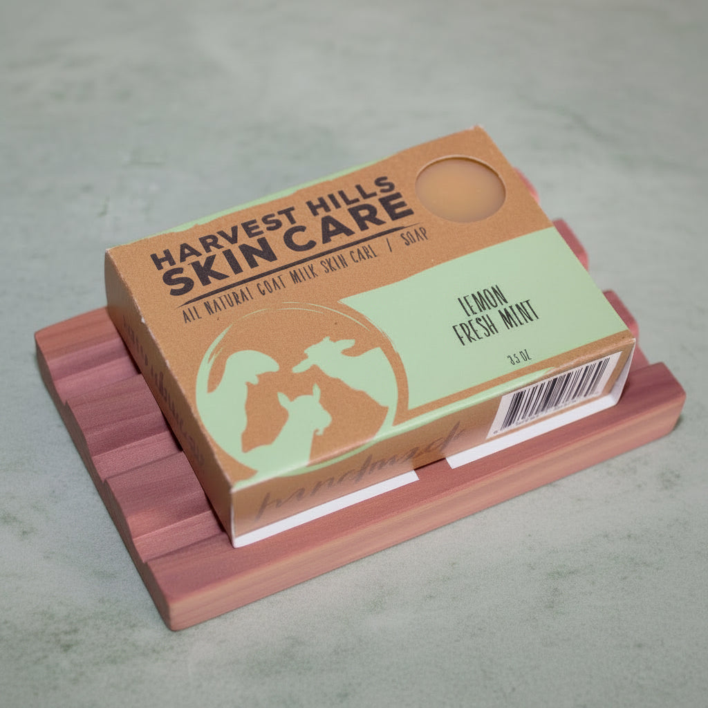 Hand made cedar soap tray with a bar of goat milk soap