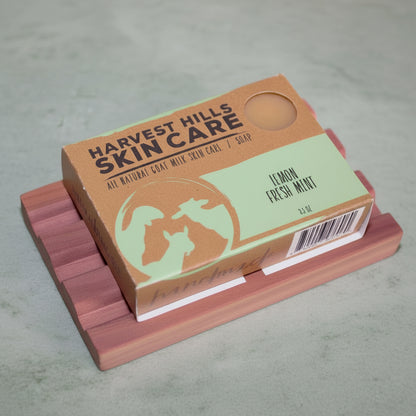 Hand made cedar soap tray with a bar of goat milk soap