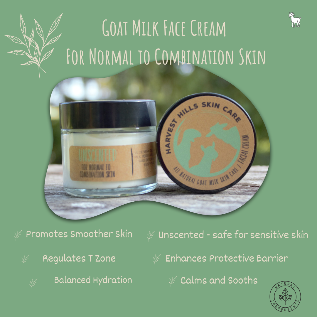 Goat Milk Face Cream by Harvest Hills Skin Care shown in a jar with its lid placed beside it on a wooden surface, set against a sage green promotional graphic with text describing benefits for normal to combination skin.