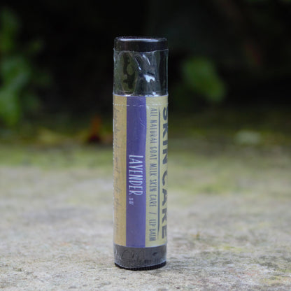 A single tube of Lavender All Natural lip balm standing upright on a stone surface with a blurred green outdoor background.