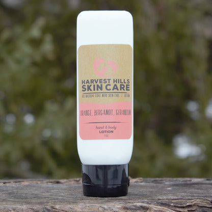 Harvest Hills goat milk lotion in a tube - Orange, bergamot, geranium