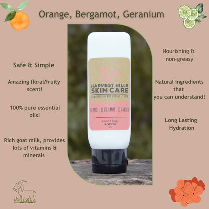 Harvest Hills Skin Care goat milk lotion bottle with product details on a beige background