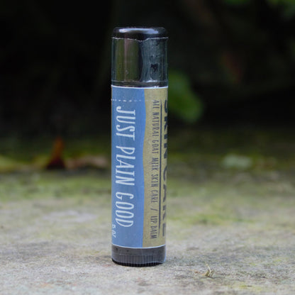 A single tube of Harvest Hills plain lip balm standing upright on a stone surface outdoors, 