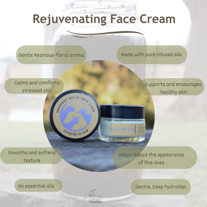 Harvest Hills Skin Care rejuvenating face cream with product details on a blurred background