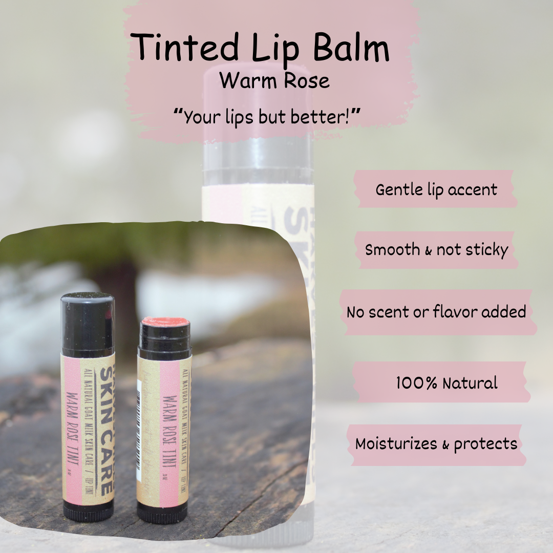 Tinted lip balm with packaging and product details on a blurred natural background