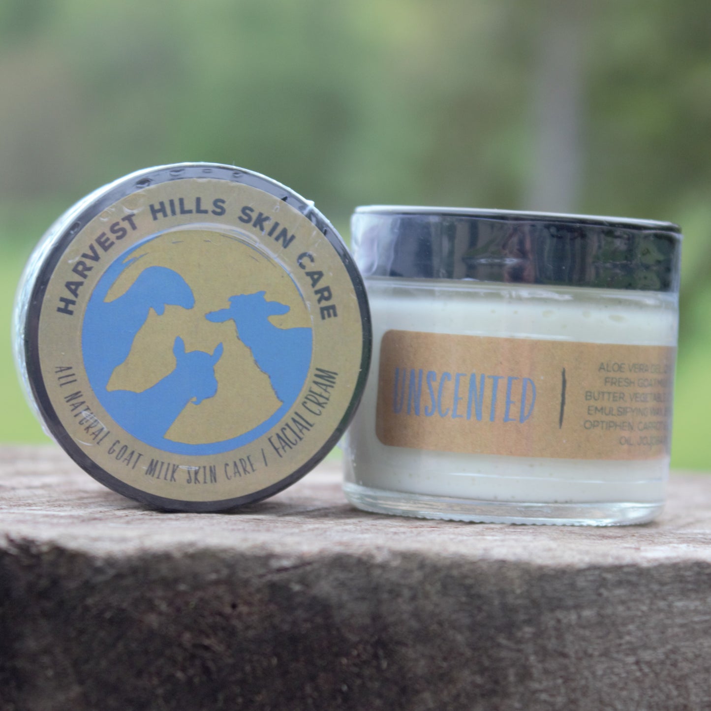 Jars Unscented goat milk face cream on wood outdoors