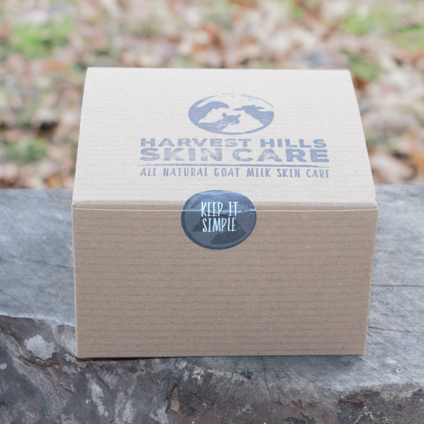 Harvest Hills Skin Care box on a stone surface with a natural background