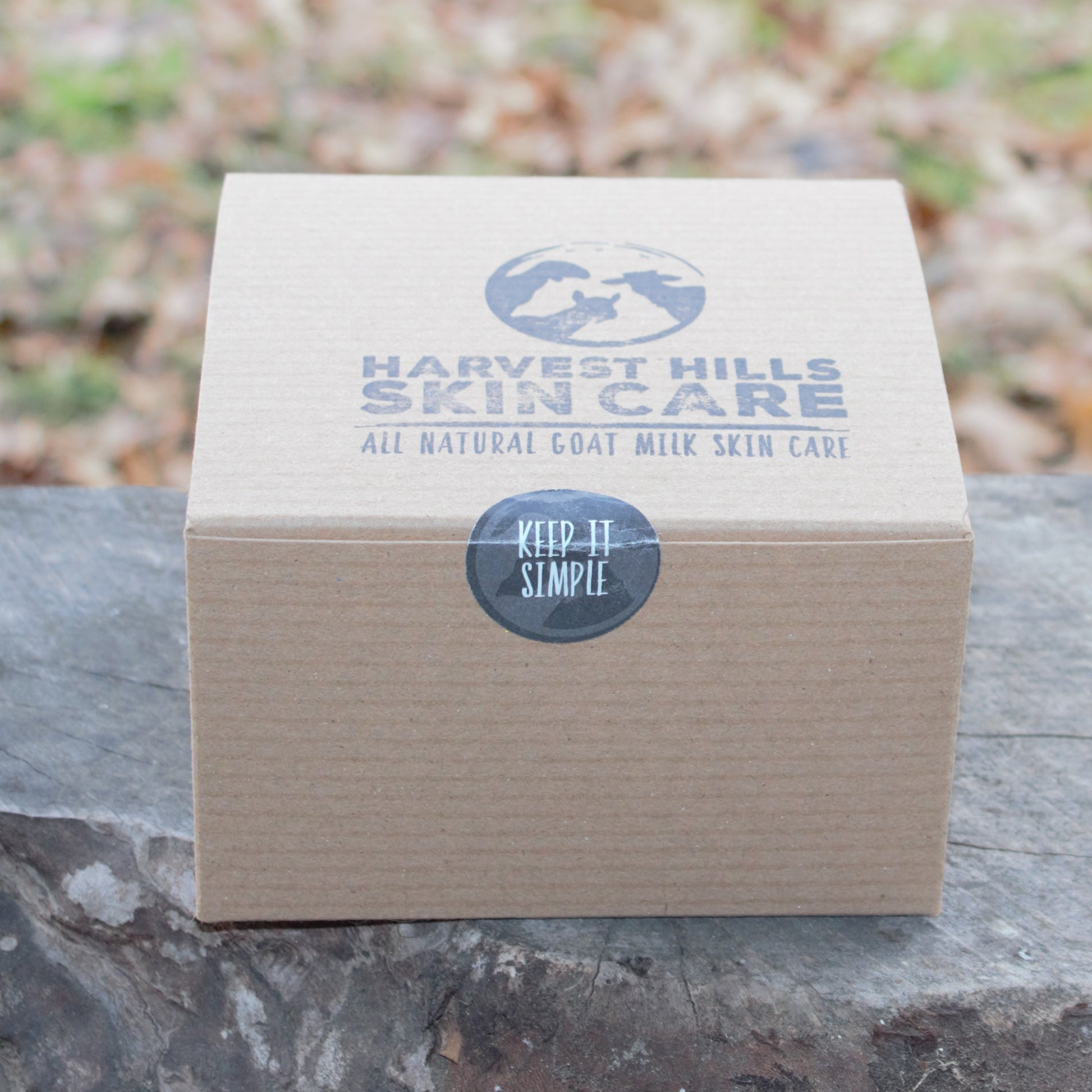 Harvest Hills Skin Care box on a stone surface with a natural background