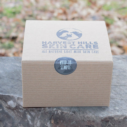 Harvest Hills Skin Care box on a stone surface with a natural background