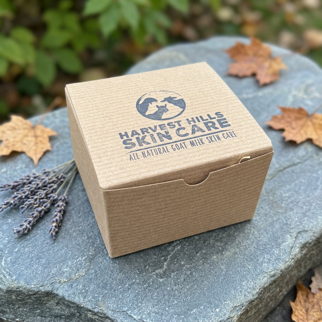 box for Goat milk soap, intensive moisturizer and soap net - All Natural Goat Milk Skin Care, LLC sitting on a smooth stone