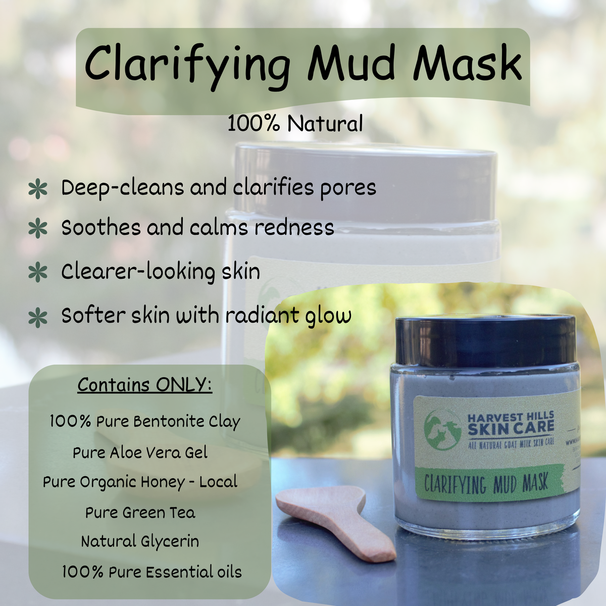 Harvest Hills Skin Care Clarifying Mud Mask with product details on a blurred natural background
