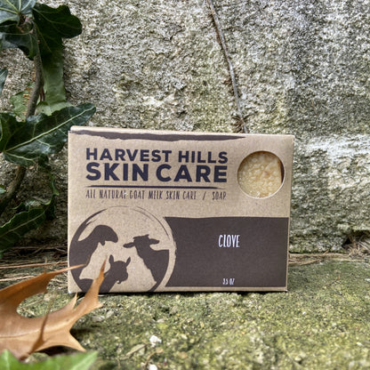 Harvest Hills Skin Care clove goat milk  soap with a natural background