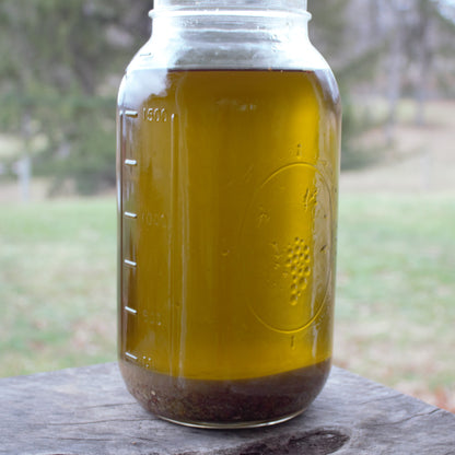 Mason jar filled with a frankincense infusion on a wooden surface with a blurred natural background