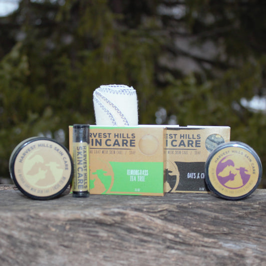 Harvest Hills Skin Care products on a wooden surface with a natural background