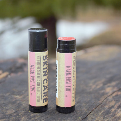 Two lip balm tubes with 'Skin Care' and 'Lip Tint' labels on a wooden surface.