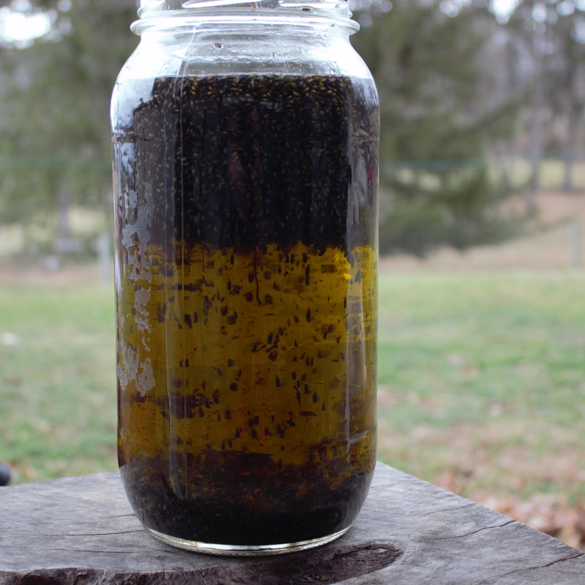 Glass jar with layered liquid of lavender infusion on a wooden surface outdoors