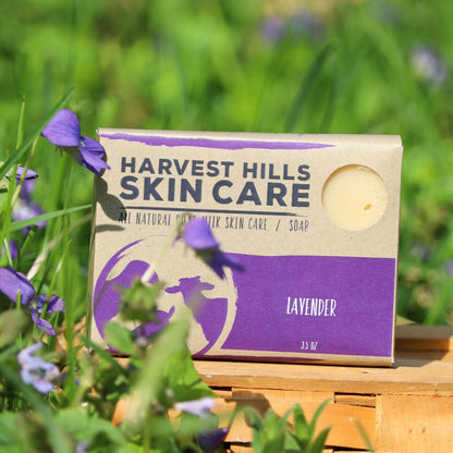 Harvest Hills Skin Care lavender soap bar on a wooden block with a natural background