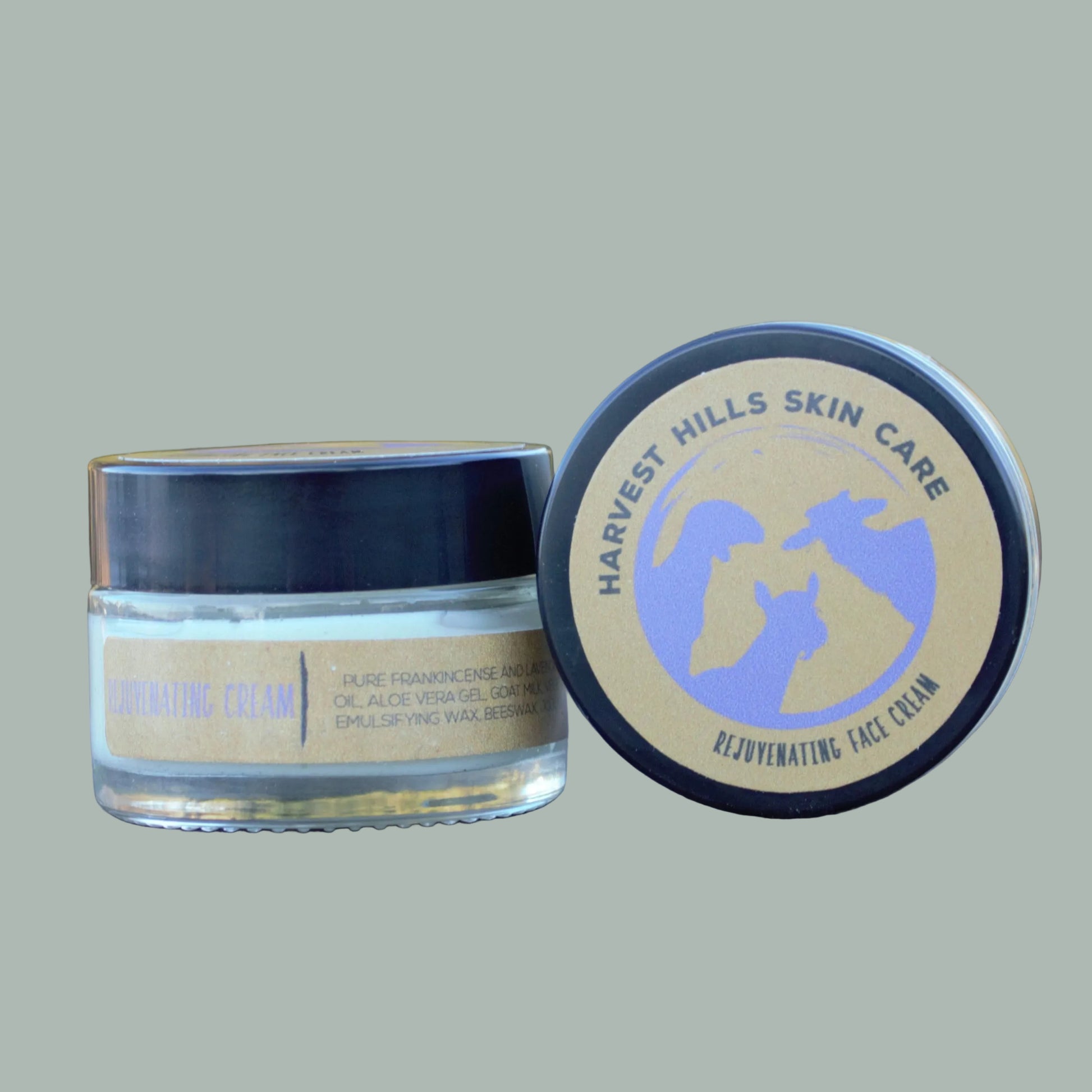 Jar of Harvest Hills Skin Care rejuvenating face cream on a gray background
